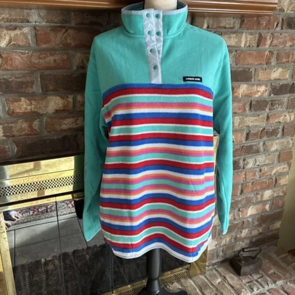 Lands End Pullover Snap Front Fleece Size XL Green Striped new item - Picture 1 of 6